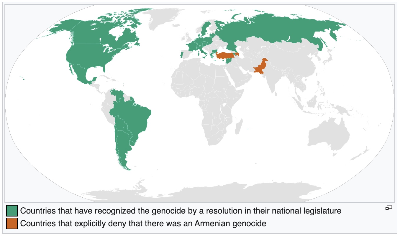 Global Map of Armenian Genocide Recognition and Denial World map showing countries that recognize the Armenian Genocide in green and those that deny it in orange. The map visually contrasts international acknowledgment with ongoing denial. Source: Wikipedia.