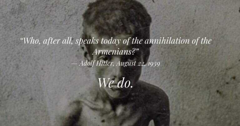 Emaciated child from the Armenian Genocide with a quote by Adolf Hitler asking who remembers the Armenians, overlaid with the response 'We do.'