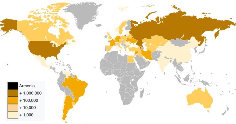 World map showing the global spread of the Armenian Diaspora, highlighting countries with significant Armenian communities across North and South America, Europe, the Middle East, Russia, and Australia. Source: Wikipedia