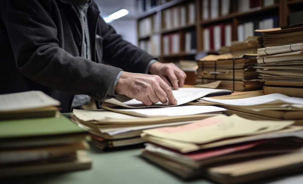 A researcher examines archival documents surrounded by stacks of books in a library, representing the Armenian Research Center's 30,000-volume collection.