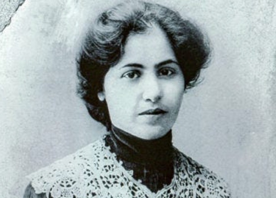 Black and white portrait of Zabel Yesayan, an Armenian writer, feminist, and survivor of the 1915 Genocide.