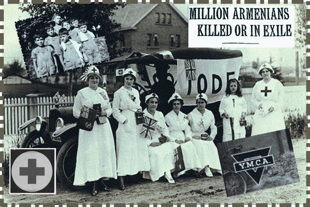 Collage artwork depicting Canadian nurses, Armenian orphans, and wartime relief banners, commemorating Canada’s aid efforts during and after the Armenian Genocide.