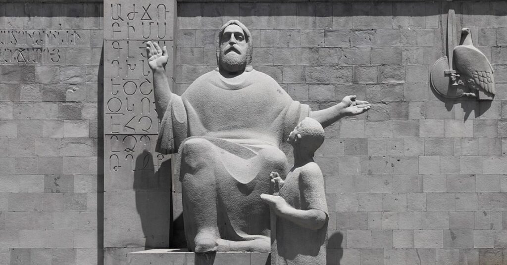 This iconic sculpture at the Matenadaran in Yerevan honors Mesrop Mashtots, the creator of the Armenian alphabet, symbolizing Armenia’s enduring legacy of literacy and cultural preservation.