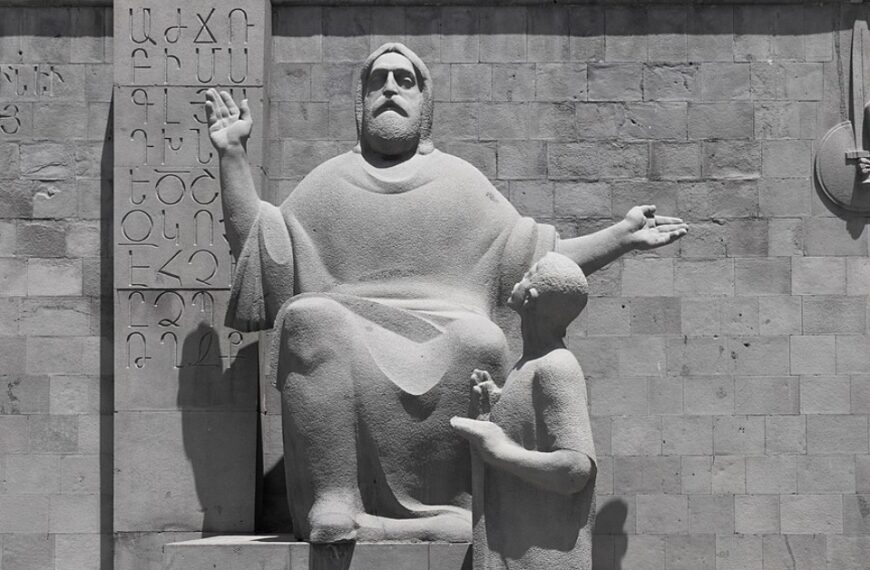 This iconic sculpture at the Matenadaran in Yerevan honors Mesrop Mashtots, the creator of the Armenian alphabet, symbolizing Armenia’s enduring legacy of literacy and cultural preservation.