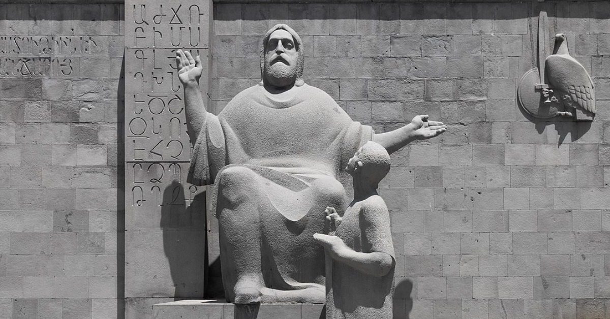 This iconic sculpture at the Matenadaran in Yerevan honors Mesrop Mashtots, the creator of the Armenian alphabet, symbolizing Armenia’s enduring legacy of literacy and cultural preservation.