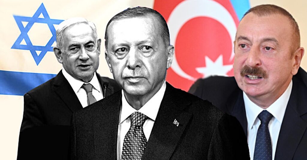 Benjamin Netanyahu, Recep Tayyip Erdoğan, and Ilham Aliyev pictured against Israeli and Azerbaijani flags, symbolizing their authoritarian alliance and shared role in regional oppression, genocide, and ethnic cleansing in Artsakh and Gaza.