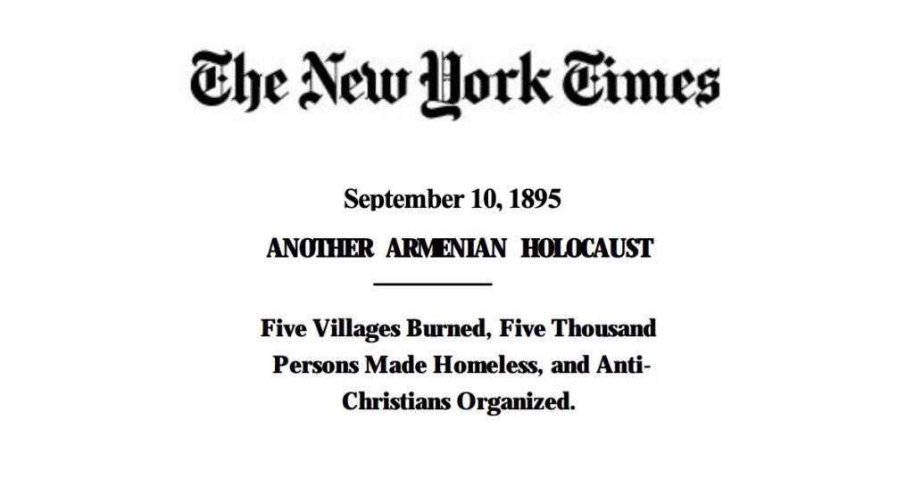 Historic New York Times headline from September 10, 1895, reading “Another Armenian Holocaust,” reporting on burned Armenian villages and anti-Christian violence in the Ottoman Empire.